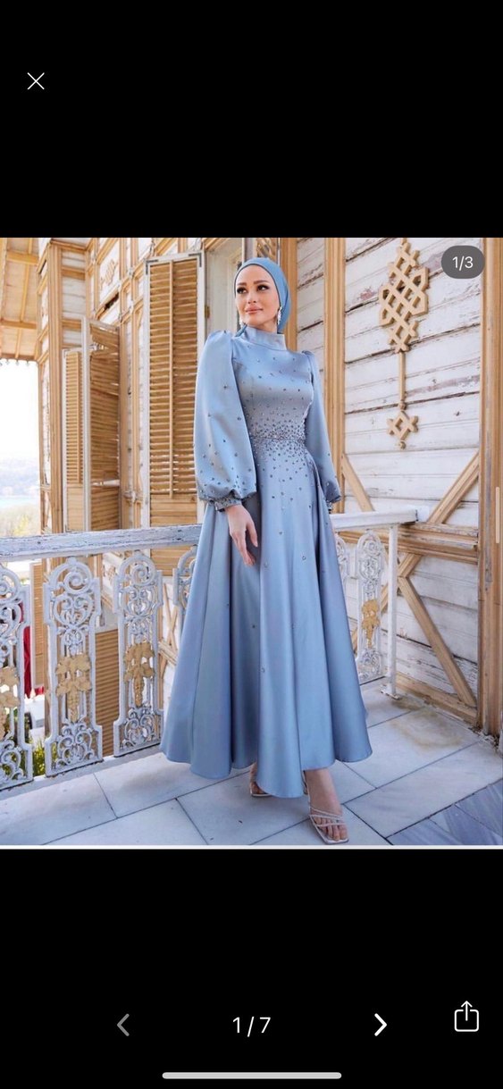 Mavi İşlemeli Uzun Kollu Uzun Abiye Elbise - Görsel 5