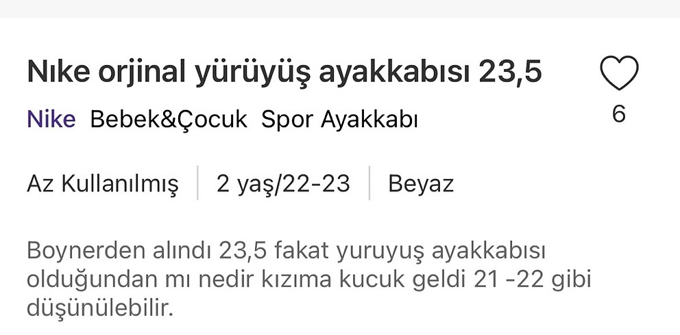 22 Beden beyaz Renk Nıke orjinal 22-23 numara