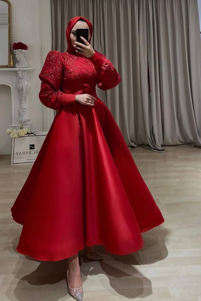 Parlak Kırmızı Uzun Kollu Drapeli Abiye Elbise - Görsel 2