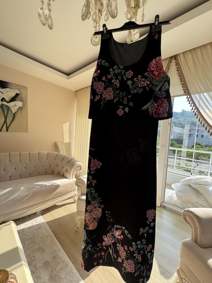 Siyah Çiçekli Uzun Bohem Kadın Elbise - Görsel 2