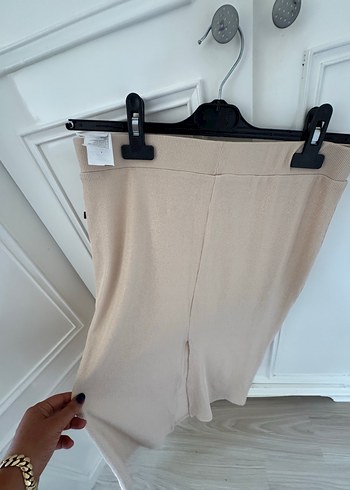 Bej Midi Derin yırtmaçlı simli kalem etek - Görsel 2