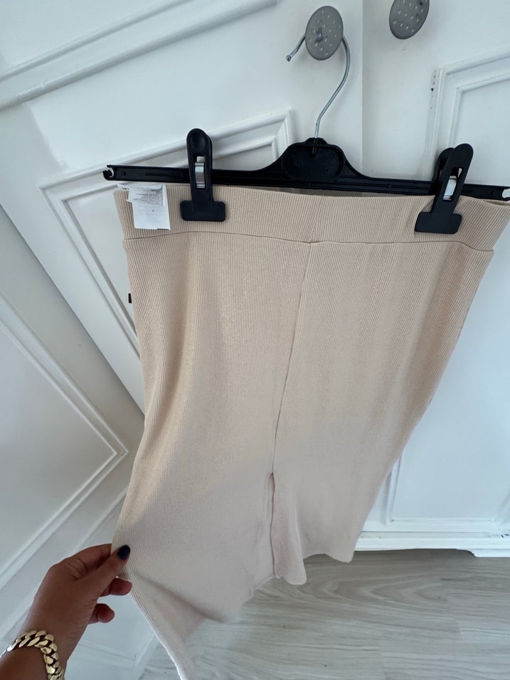 Bej Midi Derin yırtmaçlı simli kalem etek - Görsel 2