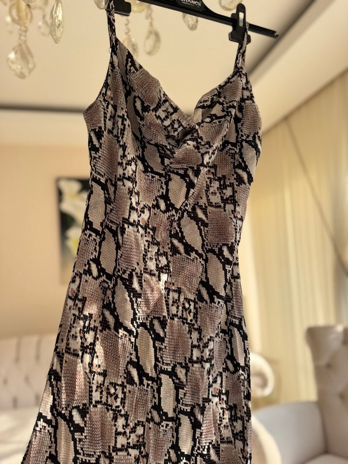 V Yaka Drapeli Yılan Desenli Uzun Elbise - Görsel 2