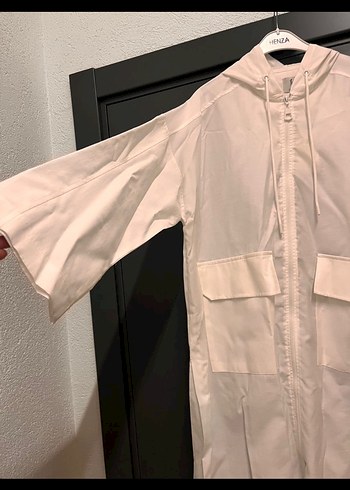 Beyaz Midi Kadın Keten Yağmurluk - Görsel 2