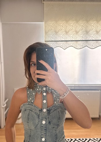 s Beden mavi Renk Inci Islemeli Dugme Detaylı Mini Kot Elbise