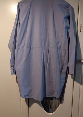 Düğmeli Mavi Keten Kadın Gömlek - Görsel 3