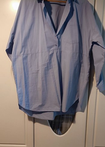 Düğmeli Mavi Keten Kadın Gömlek - Görsel 2