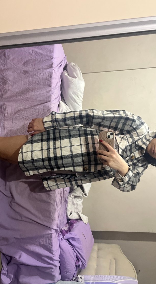 Gri Kareli Düğmeli Kadın Gömlek - Görsel 2