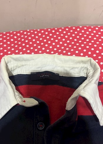 Uzun Kollu Çizgili Kırmızı Lacivert Polo Tişört - Görsel 2