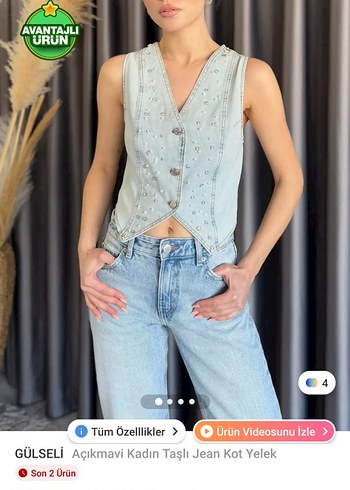 Açık Mavi Taşlı Kadın Jean Yelek