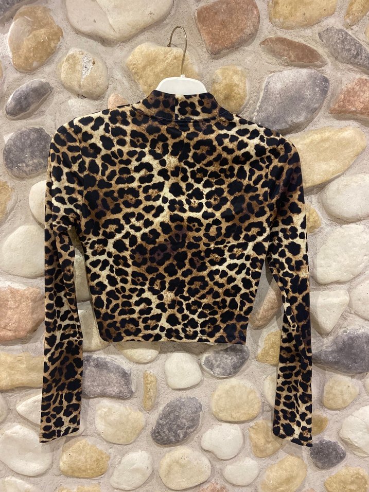 Kahverengi Leopar Desenli Uzun Kollu Bluz - Görsel 2
