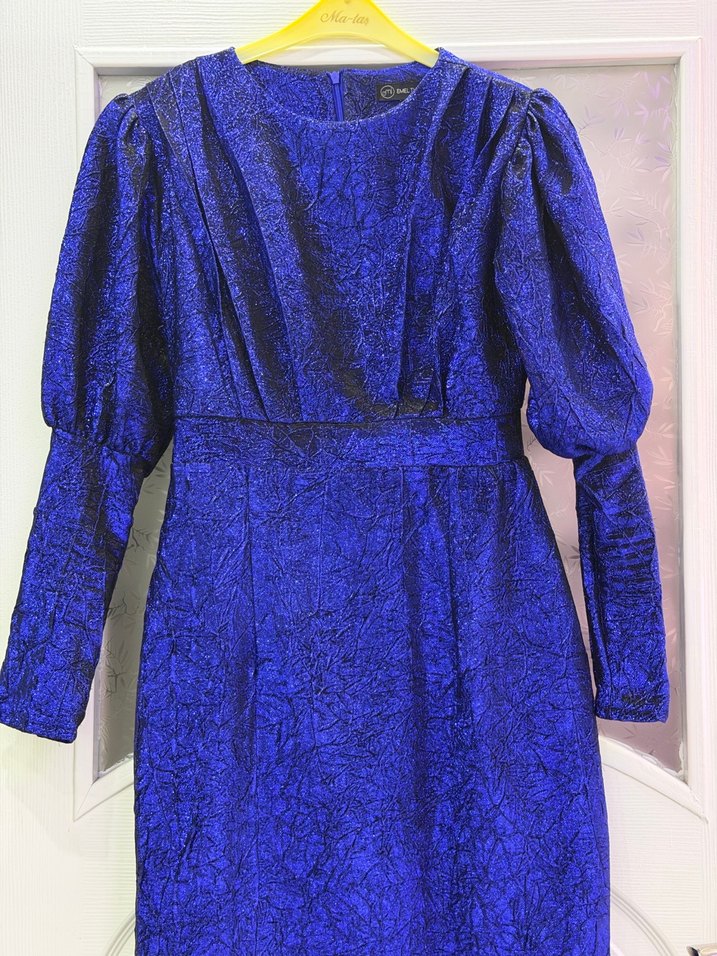 Uzun Lacivert Drapeli Gotik Elbise - Görsel 3