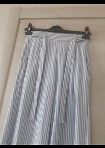 Mavi Çizgili Salaş penye Kadın Kumaş Pantolon - Görsel 2