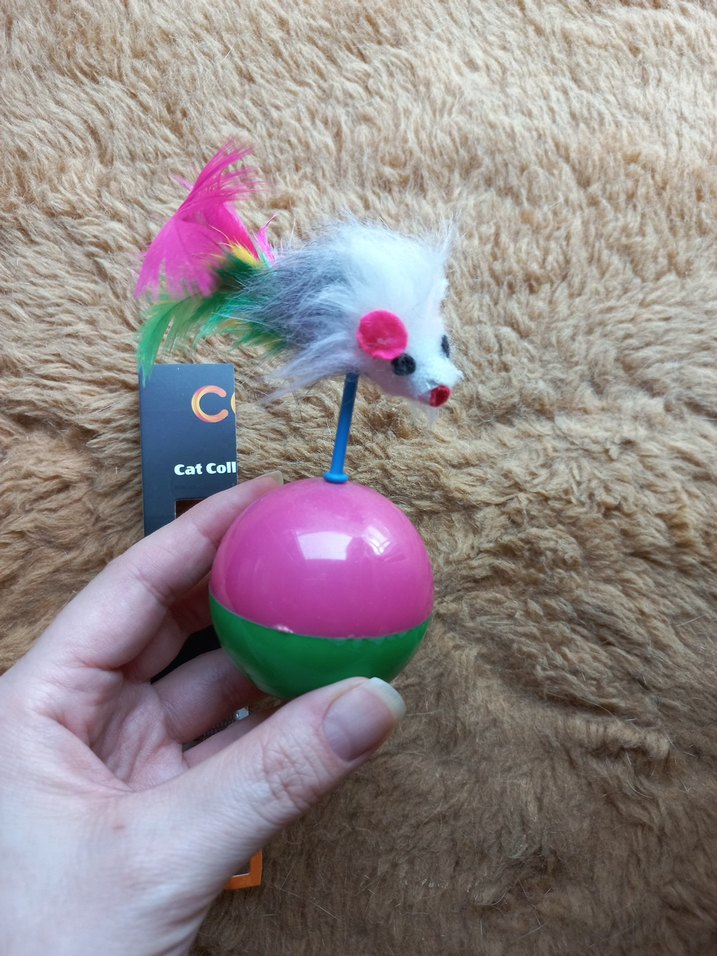 Pembe Tüylü Kedi Oyuncağı ve Gri Kedi Tasması - Görsel 2