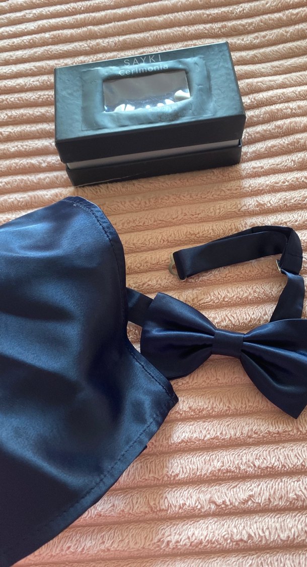 Siyah Mavi Erkek Papyon ve Mendil Seti #papyon - Görsel 4