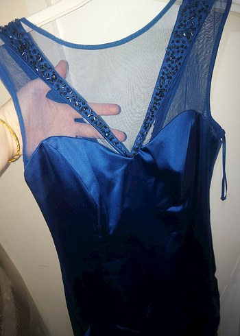 l Beden Parlak Mavi Halter Yaka Midi Elbise