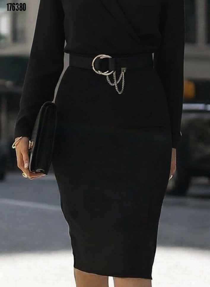 Siyah Kemerli Uzun Kollu Elbise - Görsel 4