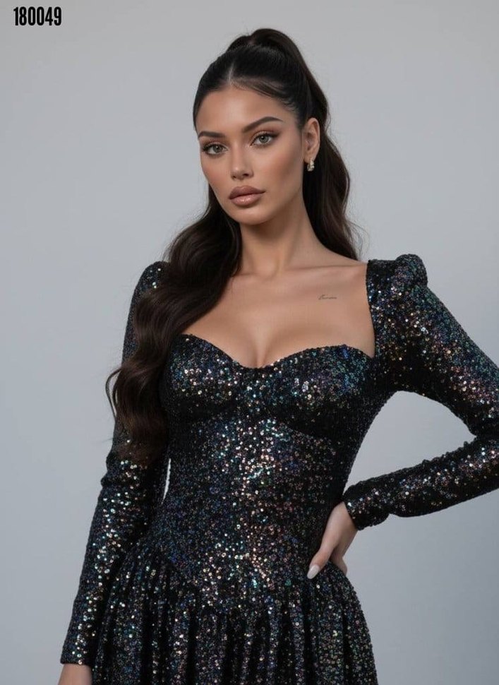 Parlak Siyah Pulpayetli Mini Elbise - Görsel 4