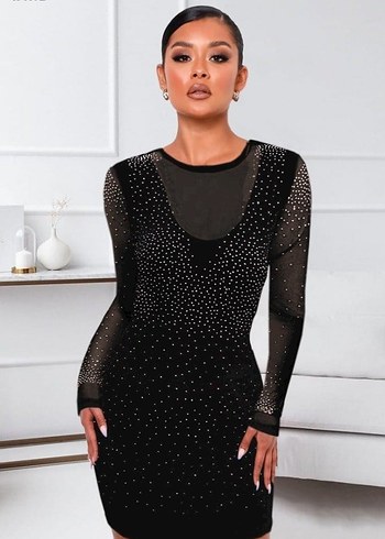 Siyah Taşlı Mini Elbise - Görsel 4