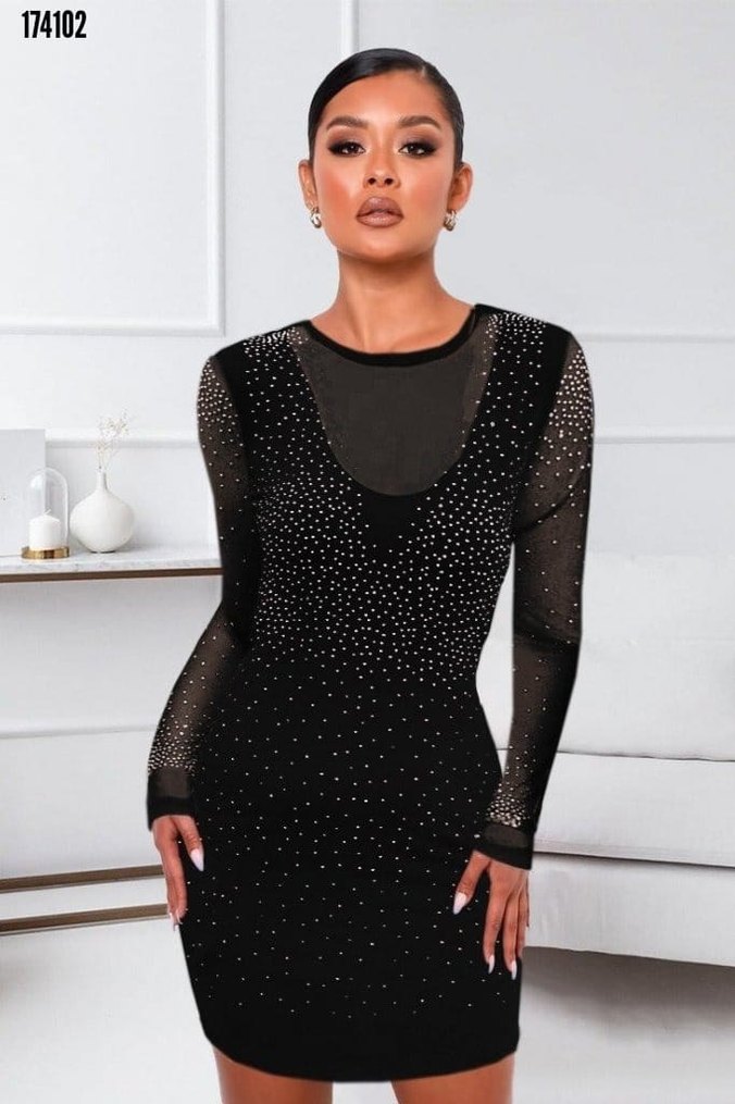 Siyah Taşlı Mini Elbise - Görsel 4