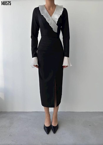 Piliseli Detaylı Siyah Elbise - Görsel 4