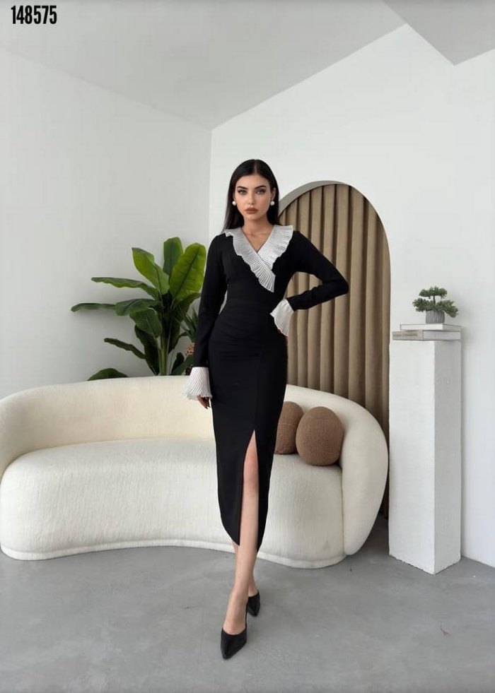 Piliseli Detaylı Siyah Elbise - Görsel 5