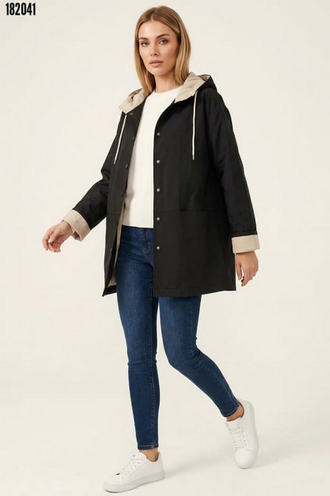Siyah Kapşonlu Kadın Trençkot - Görsel 3
