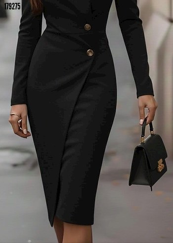 Düğmeli Siyah Uzun Kollu Kalem Elbise - Görsel 3