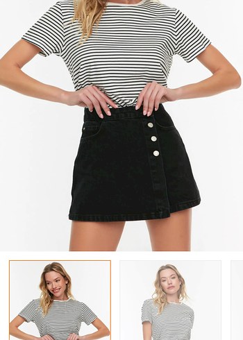 Düğmeli Siyah Çizgili Mini Denim Etek