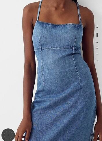 bershka arkası bağcıklı uzun denim elbise, sıfır ürün