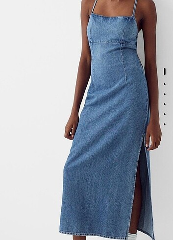 s Beden bershka arkası bağcıklı uzun denim elbise, sıfır ürün