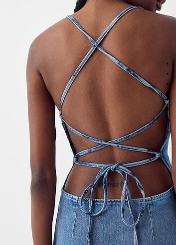 s Beden mavi Renk bershka arkası bağcıklı uzun denim elbise, sıfır ürün