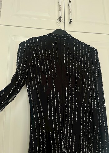 Uzun Kollu Siyah İşlemeli Taşlı Uzun Abiye Elbise - Görsel 5
