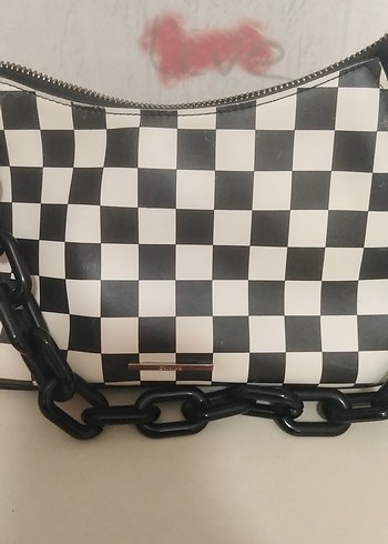 Zincir Detaylı Beyaz Siyah Kareli Deri Çanta - Görsel 7