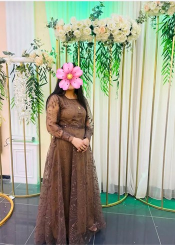 Uzun Kahverengi Çiçek Desenli Bohem Kadın Elbise - Görsel 2