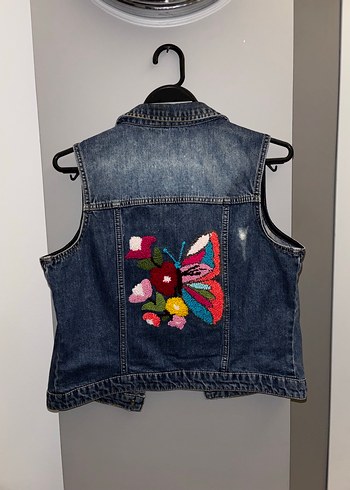 Düğmeli Mavi Kolsuz Denim Ceket - Görsel 3