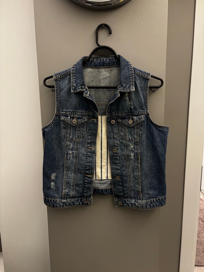 Düğmeli Mavi Kolsuz Denim Ceket - Görsel 2