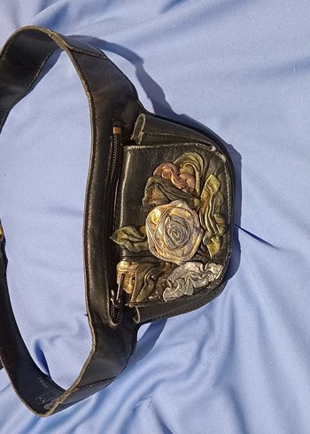 Çiçek Desenli Siyah Deri Biker bel Çanta