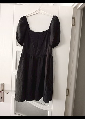 Bershka Siyah V Yaka Midi Keten Elbise