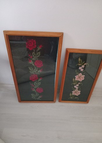 Bordo Çiçek Desenli İki Ahşap antıka Çerçeveli Tablo - Görsel 2