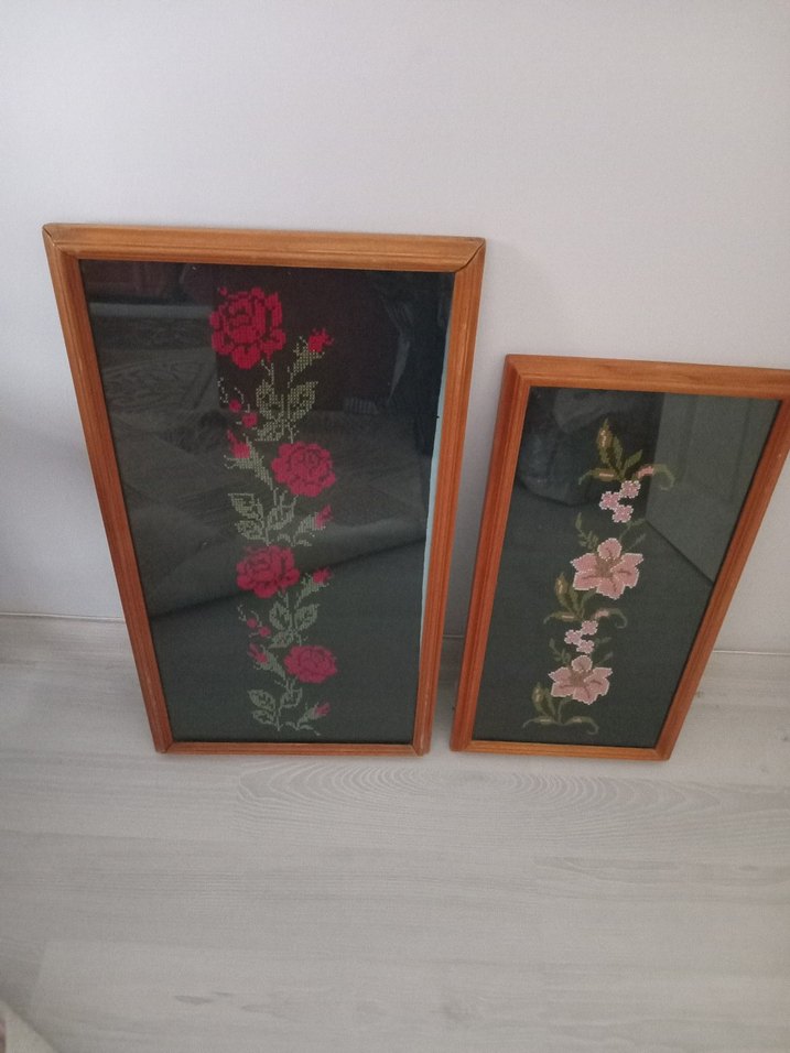 Bordo Çiçek Desenli İki Ahşap antıka Çerçeveli Tablo - Görsel 2