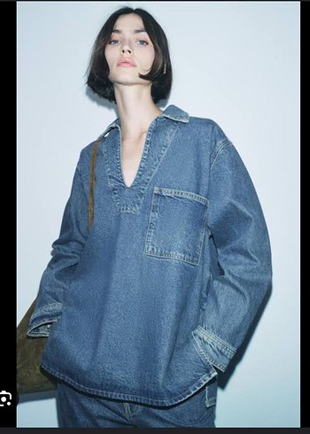 Gri Mavi V Yakalı Kadın Denim Ceket - Görsel 2