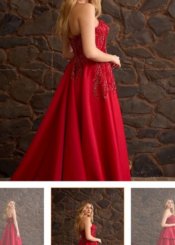 Kırmızı Drapeli Straplez Uzun Abiye Elbise - Görsel 2