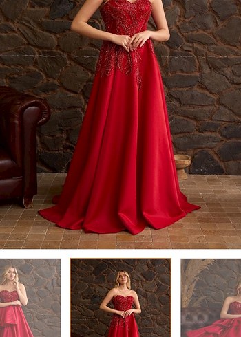 Kırmızı Drapeli Straplez Uzun Abiye Elbise - Görsel 3