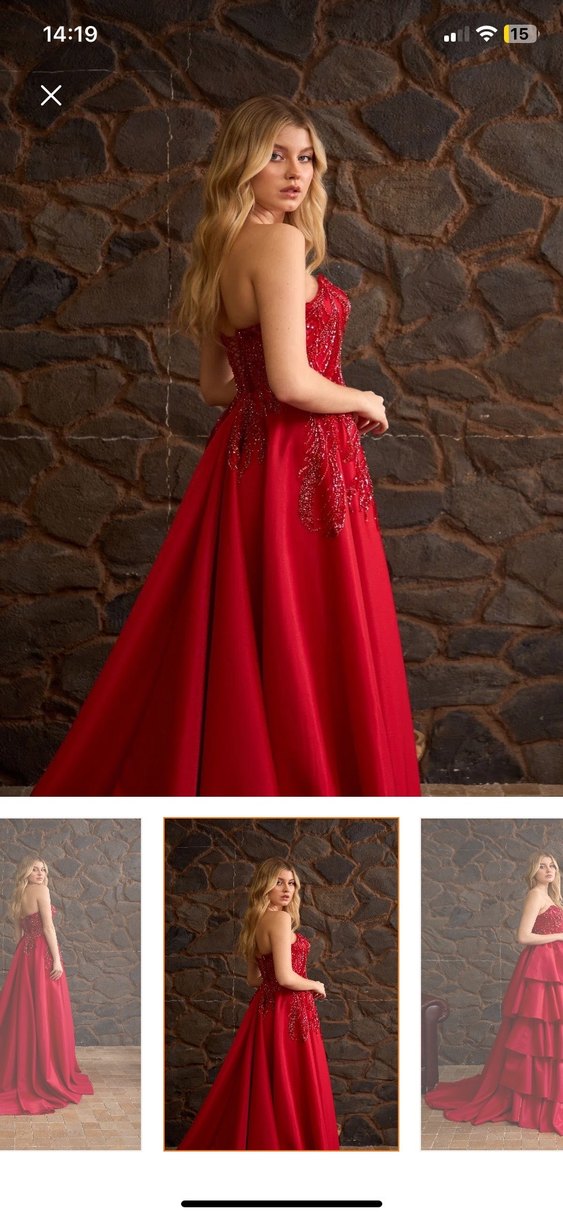 Kırmızı Drapeli Straplez Uzun Abiye Elbise - Görsel 2