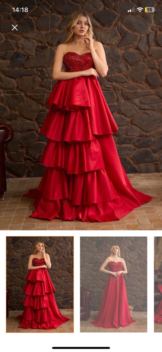 Kırmızı Drapeli Straplez Uzun Abiye Elbise - Görsel 4