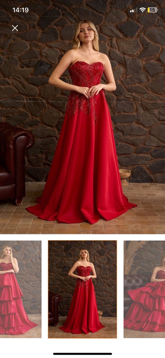 Kırmızı Drapeli Straplez Uzun Abiye Elbise - Görsel 3