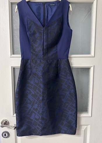 Lacivert V Yakalı Midi Ofis Elbisesi - Görsel 3