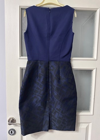 Lacivert V Yakalı Midi Ofis Elbisesi - Görsel 5