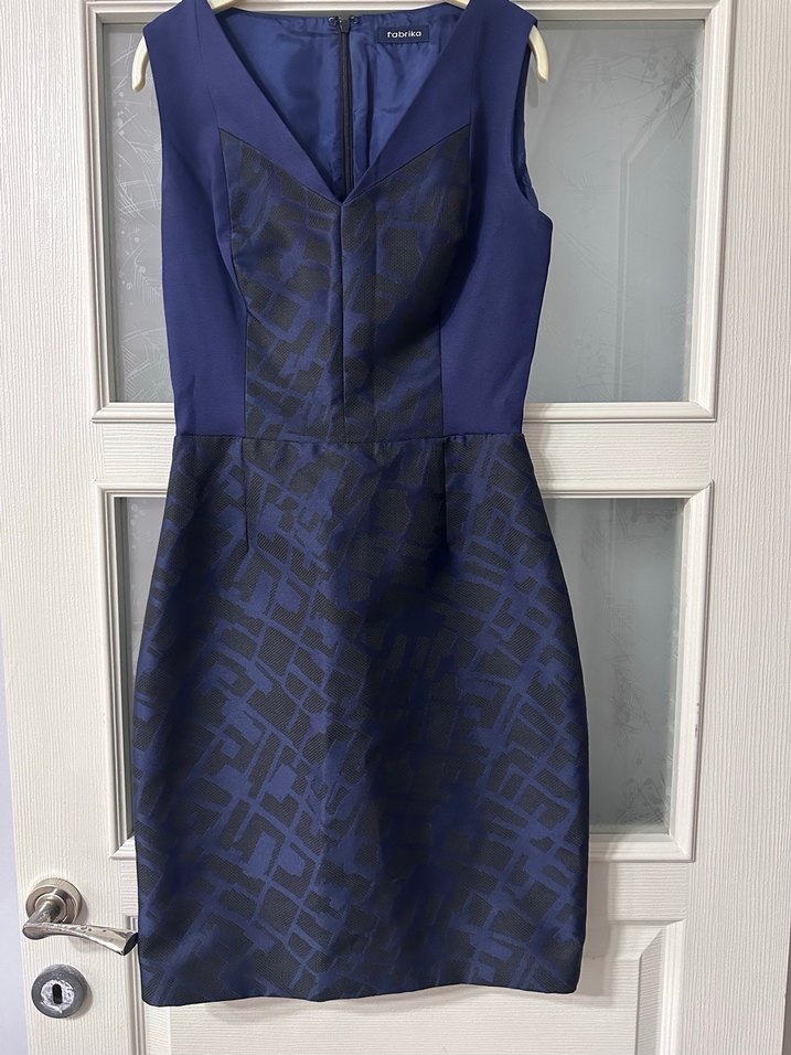 Lacivert V Yakalı Midi Ofis Elbisesi - Görsel 3